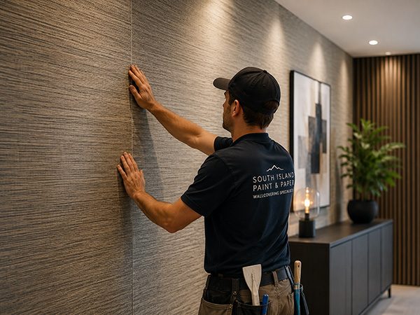 Painter apply textured wallpaper
